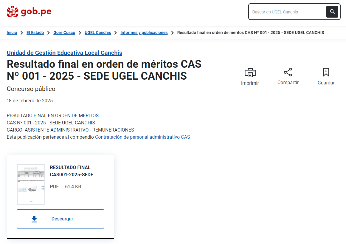 Resultado final en orden de méritos CAS Nº 001 - 2025 - SEDE UGEL CANCHIS